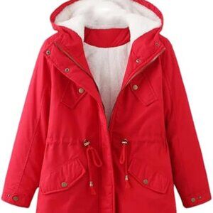 Women Hooded Coat Jacket Adjustable Drawstring Fit Thickened Overcoat Size XL